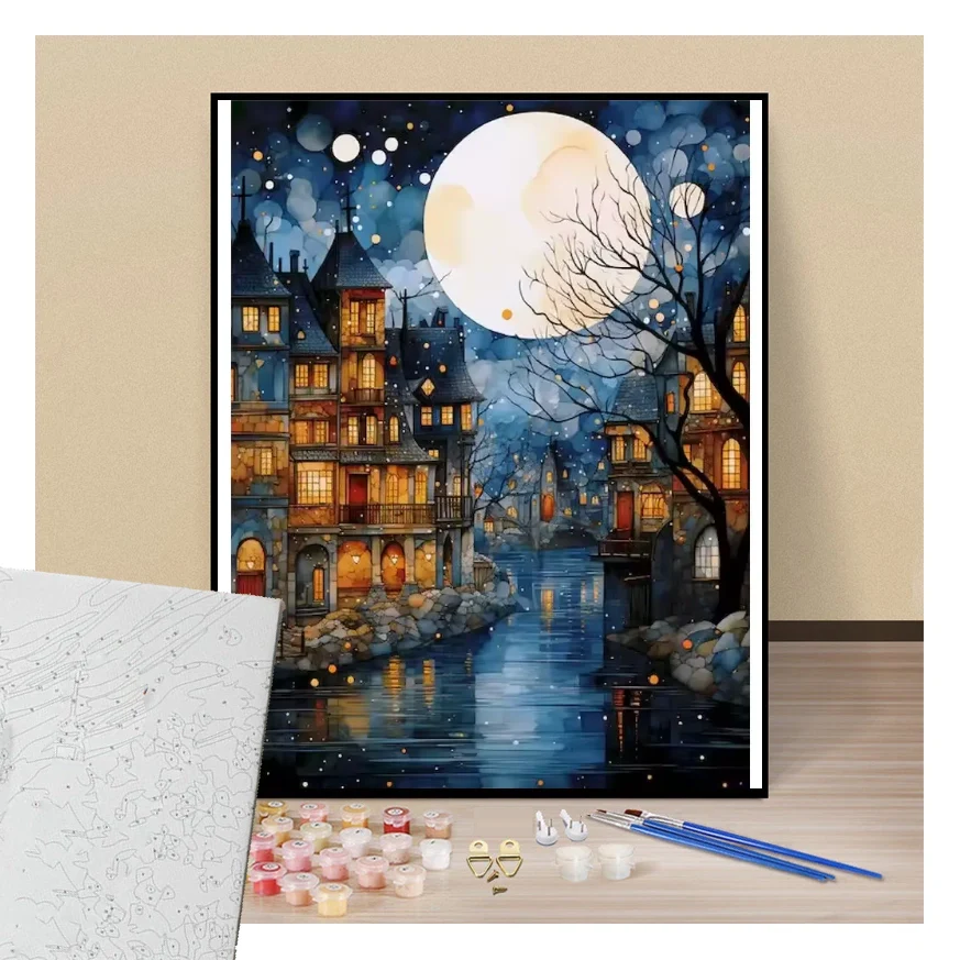 Ville la nuit sous un ciel de plein lune