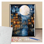 Peinture par numéros ville la nuit sous un ciel de pleine lune présentation du contenu