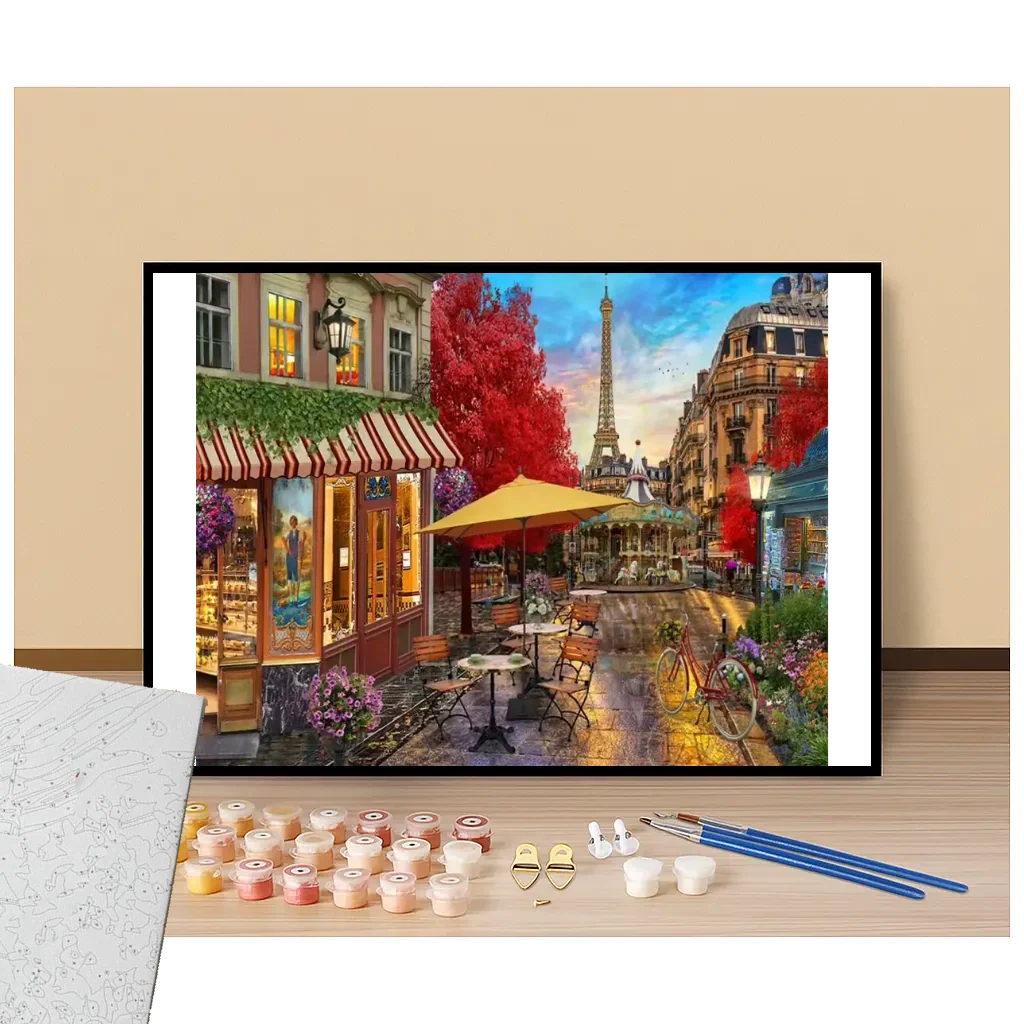 Peinture par numéros rue de paris avec vue sur la tour eiffel présentation du contenu