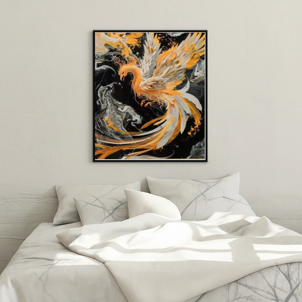 Peinture par numéros phénix doré mise en situation dans une chambre