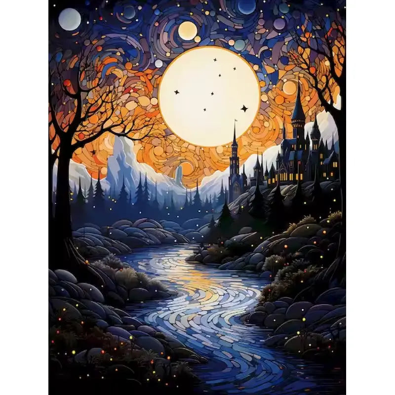 Rivière forestière sous la pleine lune