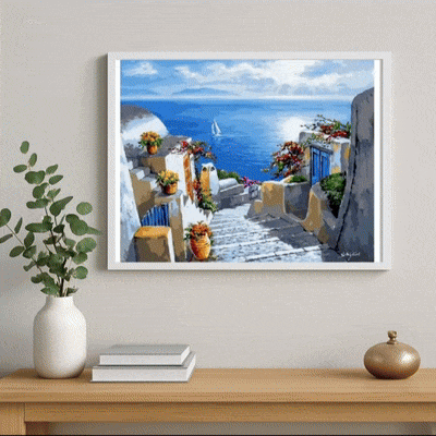 peinture par numéros Santorini Grèce tableau mural vidéo gif