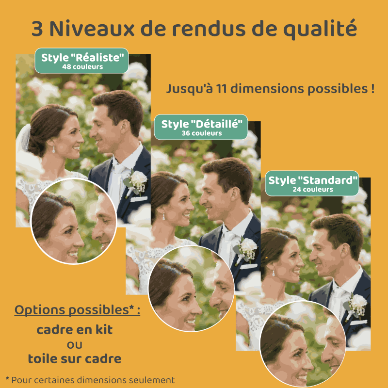 3 niveaux de rendus de qualité personnalisés : Standard (24 couleurs), Détaillé (36 couleurs) et Réaliste (48 couleurs) - Peintures par numéros Steloria