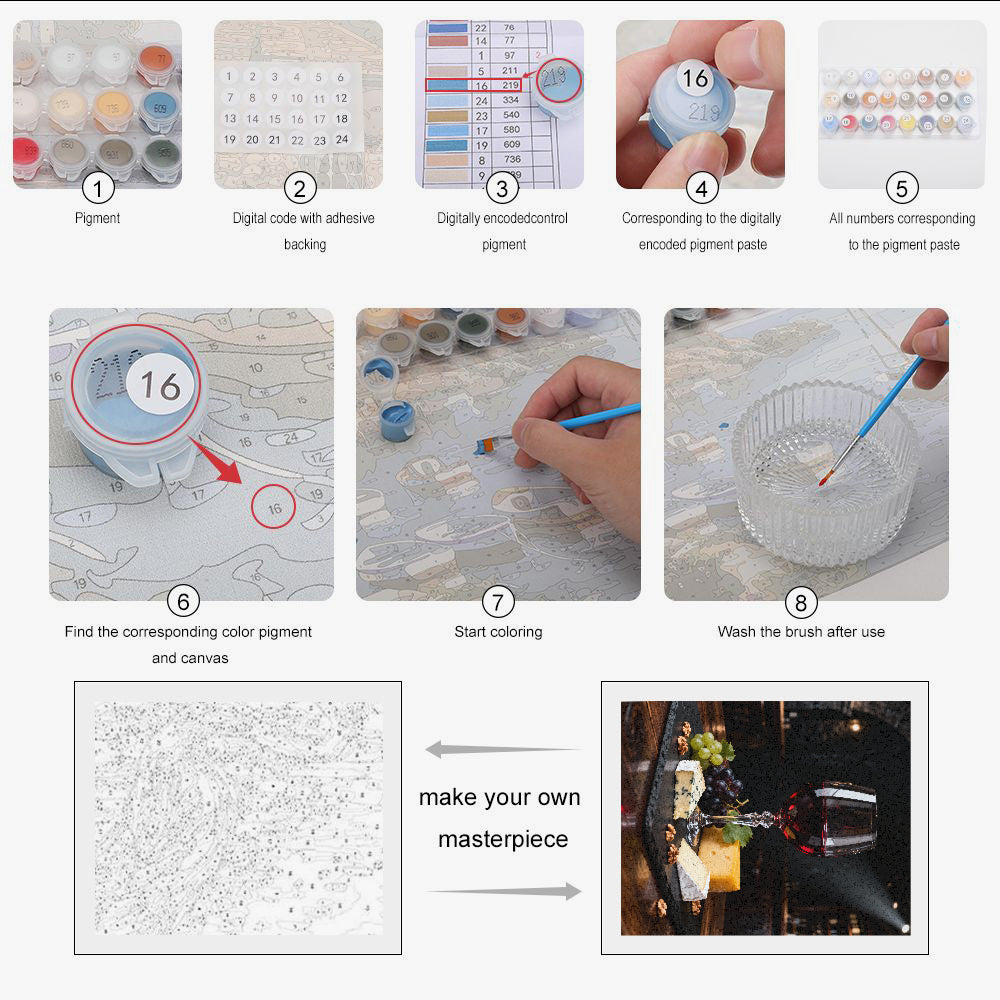 Peinture par numéros verre de vin et fromages - Instructions