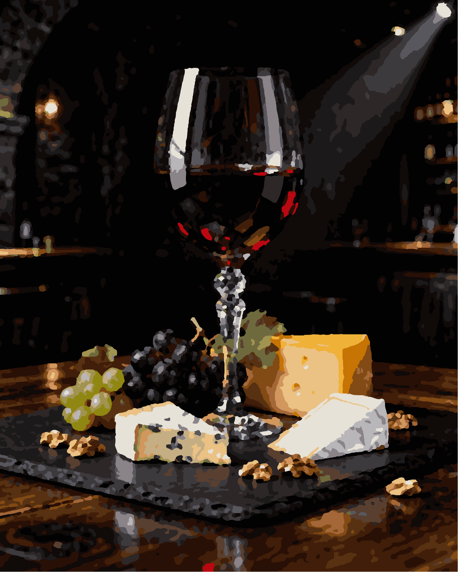 Peinture par numéros verre de vin rouge et fromages 24 couleurs