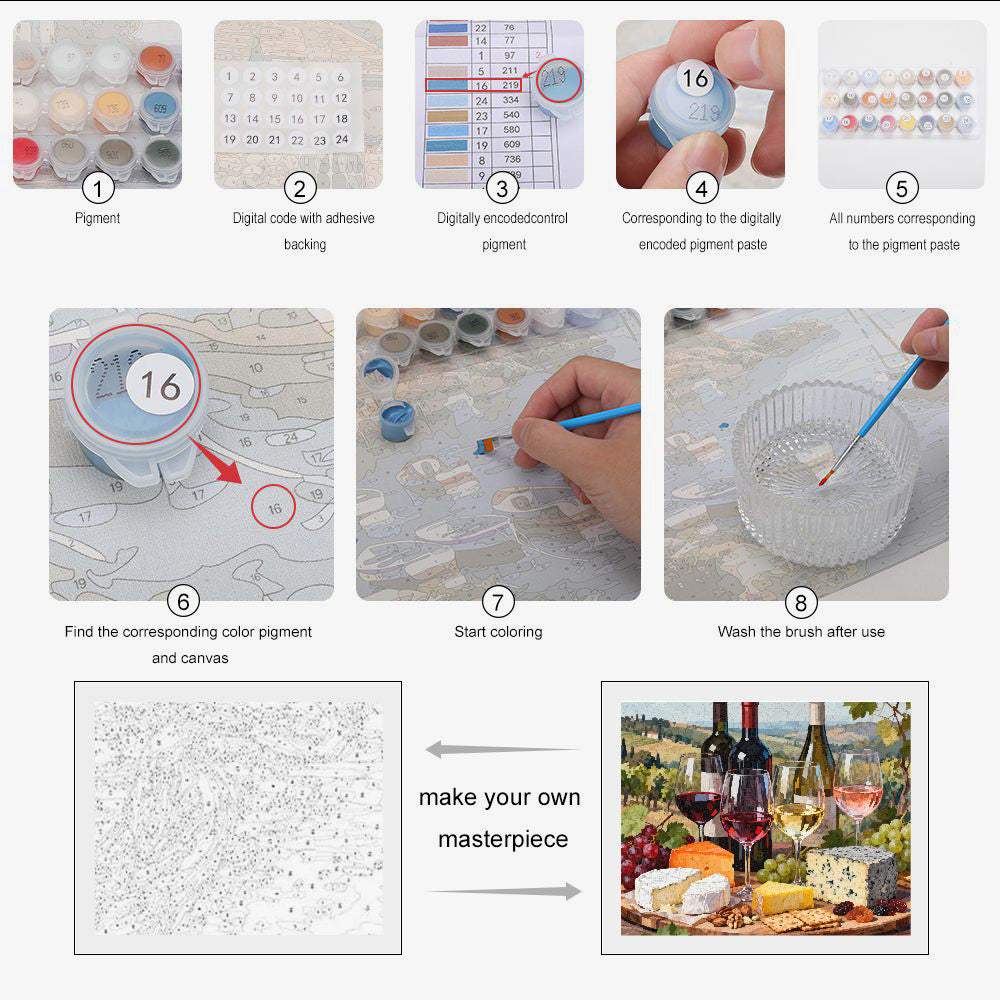 Peinture par numéros verres de vins et fromages - Instructions