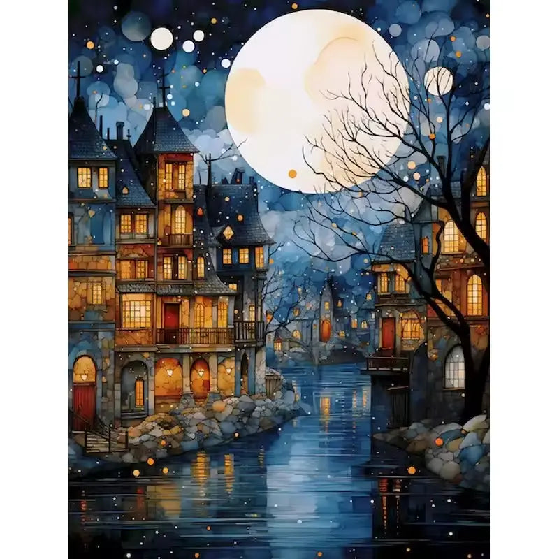 Ville la nuit sous un ciel de plein lune